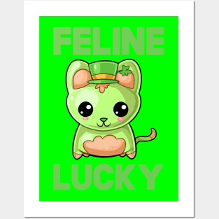 St Patricks Day Feline Lucky Kawaii Cute Cat Posters and Art